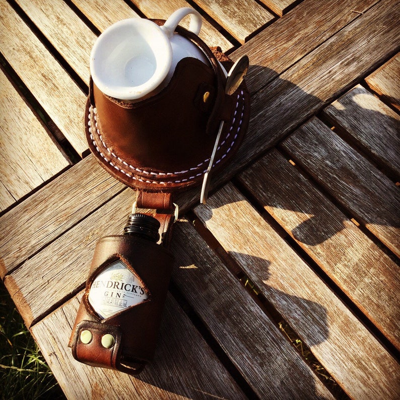 Steampunk Leather Hendricks Gin teacup and saucer holster. Free UK Delivery. genuine handmade leather pouch. image 1