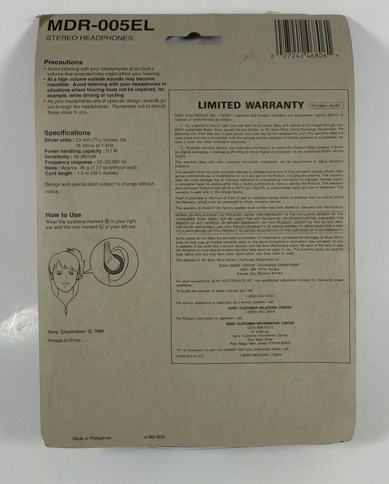 Sony MDR-005EL Walkman Stereo Headphones Vtg 1994 New Sealed Damaged Pack image 5