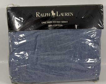 Lenzuolo con angoli elasticizzati Ralph Lauren per letto singolo, colore chambray blu - Nuovo