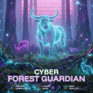 Cyber Forest Guardian Wall Art | Neon Aurochs Print | Urban Wildlife Sci-Fi Poster | Future City Park Decor | Digital Download Printable
