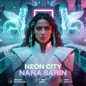 May include: A digital art print titled NEON CITY NANA SARIN featuring a person in white futuristic armor with glowing blue accents. Behind them are two luminous winged creatures on a bridge in a neon-lit city. Includes text: INSTANT DOWNLOAD, 5 PRINT SIZES, 300 DPI HIGH QUALITY.