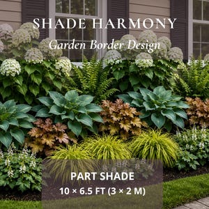May include: A garden border design labeled SHADE HARMONY featuring white hydrangea clusters, green ferns, hostas, and yellow grasses. The text reads PART SHADE and 10 x 6.5 FT. The plants are arranged in a layered display against a house exterior.