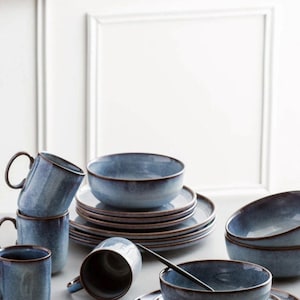Nordic Blue Ceramic Dinnerware Set Stoneware Plates Bowls Mug Modern Kitchen Tableware