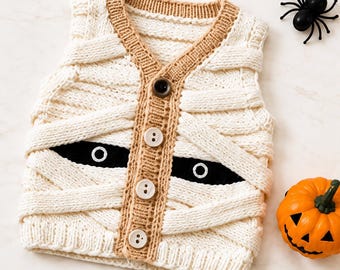 Chaleco de bebé momia de ganchillo hecho a mano / Accesorio de algodón para fotos de Halloween, conjunto de otoño