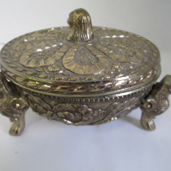 Vintage Ornate silver trinket container box with removeable lid and clawed feetribbon designs on lid and sides