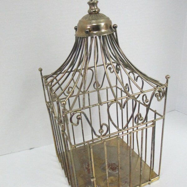 Vintage sprayed painted gold hanging wire birdcage with side opening door and hanging ring