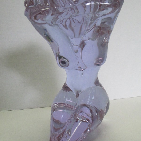 Vintage solid blue (pink under light) glass naked lady figurine used