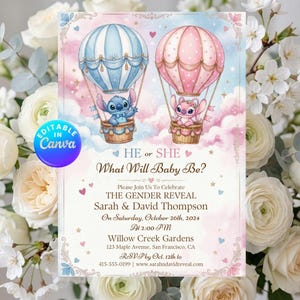 Könnte beinhalten: Eine Gender-Reveal-Einladung mit zwei Heißluftballons, einem blauen und einem rosa, jeweils mit einer Cartoonfigur. Der Text lautet "He or She, What Will Baby Be?" und enthält Eventdetails.