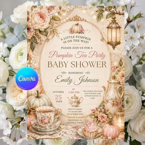 A Pumpkin tea party Baby Shower Invitation Fall Pumpkin Baby Shower Invite A Little Pumpkin is on the Way, Autumn Baby Shower Invite