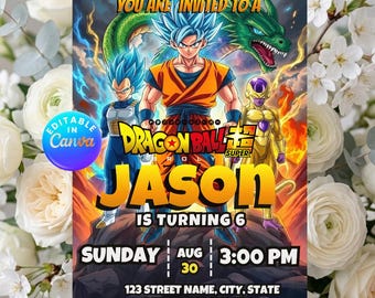 Invito di compleanno a tema Dragon Ball, Invito Dragon Ball, Goku, Freezer, Festa per bambini, Kakarot, Vegeta, DBZ Modificabile su Canva, Download immediato.