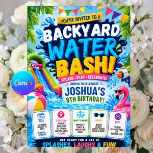 Backyard Water Bash Birthday Invite, Backyard Water Slide Birthday Invitation, Summer Splash Pool Party Invite, Editable Canva Kids Birthday