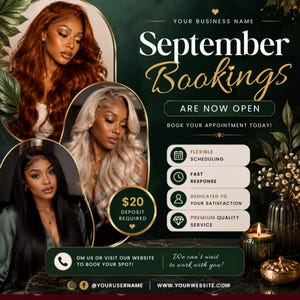 Könnte beinhalten: Ein Werbeflyer für September-Buchungen mit drei Porträts von Personen mit kastanienbraunem, blondem und schwarzem Haar. Der Text lautet September Bookings Are Now Open, ergänzt durch Symbole für Terminplanung, Antwortzeit, Zufriedenheit und Servicequalität.
