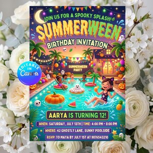 May include: A Summerween birthday invitation featuring a pool party scene with children on floats, pumpkins, and palm trees. Text includes JOIN US FOR A SPOOKY SPLASH, SUMMERWEEN BIRTHDAY INVITATION, AARYA IS TURNING 12, and event details.