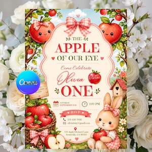 Könnte beinhalten: Eine Geburtstagseinladungskarte mit rotem Apfelmotiv, einem Korb voller Äpfel, einem niedlichen Hasen und einem Vogelhaus. Der Text lautet: The Apple of Our Eye, Come Celebrate Olivia One, Saturday September 2025, 2:00 PM, RSVP, 123-456-7890, oliviabday@gmail.com, 123 Apple Orchard Lane, Sweetville.