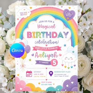 Könnte beinhalten: Eine rechteckige Geburtstagseinladungskarte mit einem bunten Regenbogen, flauschigen Wolken und Herzen. Der Text lautet: YOU ARE INVITED, JOIN US FOR A MAGICAL BIRTHDAY celebration!, OUR LITTLE RAINBOW Aaliyah IS TURNING 5, sowie Veranstaltungsdetails.