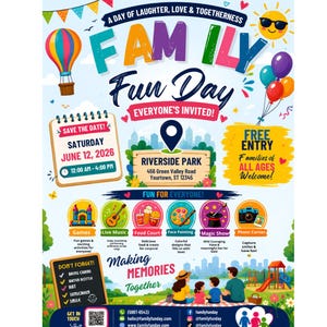 Könnte beinhalten: Ein bunter Veranstaltungsflyer für einen Familientag am Samstag, den 12. Juni 2026, im Riverside Park. Die Grafik zeigt einen Heißluftballon, Luftballons und Symbole für Spiele, Musik, Essen, Kinderschminken, Zaubershows und Fotos.