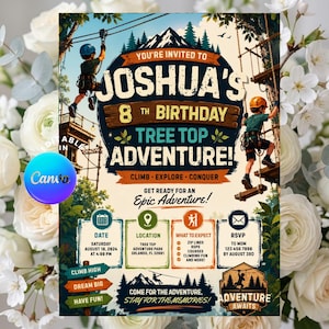 Tree Top Adventure Birthday Invitation, Outdoor Climbing Theme Party Invite, Adventure Park Canva Template, Editable Download
