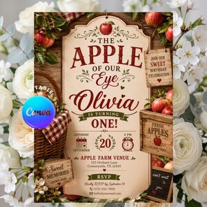 Apple Birthday Invitation, Apple of Our Eye Girl 1st Birthday Party Invite, Fall Apple Picking Orchard, Red Gingham Sweet One EDITABLE