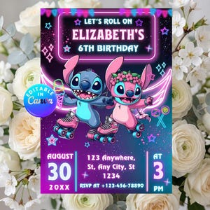 May include: A birthday party invitation with a purple and blue gradient background. The invitation features two cartoon characters on roller skates. Text includes "LET'S ROLL ON ELIZABETH'S 6TH BIRTHDAY", date, time, and RSVP details. The design is vibrant and playful.