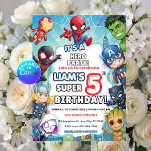 Super Hero Captain america spidy Adventures Birthday Invitation, Printable Avengers Party Invite Kids Superhero  Template Digital Download
