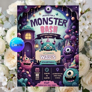 Könnte beinhalten: Eine digitale Geburtstagseinladung mit dem Titel Monster Bash für Wills 6. Geburtstag. Das Design zeigt lila und türkisfarbene Monster, ein verspieltes Haus und Veranstaltungsdetails, darunter Samstag, 22. Juni 2024, 15:00 bis 18:00 Uhr.