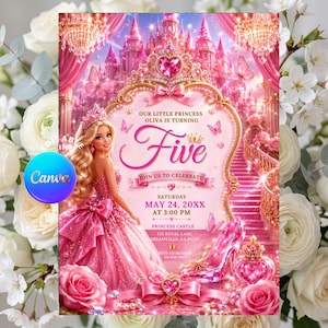 Könnte beinhalten: Eine rosa Geburtstagseinladung im Prinzessinnen-Stil mit einer blonden Figur im Ballkleid, einem Schloss und einem gläsernen Schuh. Der Text lautet: OUR LITTLE PRINCESS OLIVA IS TURNING Five, JOIN US TO CELEBRATE, SATURDAY MAY 24, 20XX AT 3:00 PM, PRINCESS CASTLE.