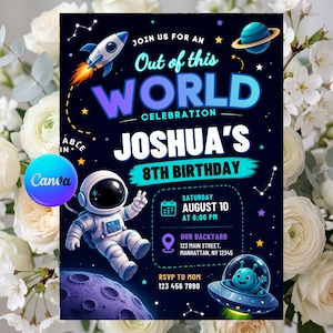 Space Birthday Party Invitation, Galaxy Invite Space Birthday Invite, Astronaut Outer Space, Space Rocket, Planets Boy Party, Canva Template