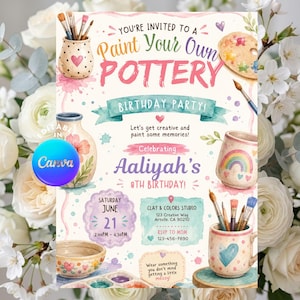 Könnte beinhalten: Eine Einladung zur Paint Your Own Pottery Geburtstagsparty für Aaliyahs 8. Geburtstag am 21. Juni. Das Design zeigt Aquarellillustrationen von Töpferwaren, Pinseln und einer Palette mit Textdetails für das Clay & Colors Studio.