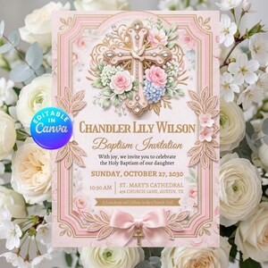 Könnte beinhalten: Eine Taufeinladung mit einem rosa-goldenen Blumendesign. Die Einladung zeigt ein Kreuz, Rosen und den Text "Chandler Lily Wilson Baptism Invitation". Das Datum ist der 27. Oktober 2030 in der St. Mary's Cathedral.