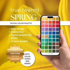 Peut inclure: Une palette de couleurs numérique pour le printemps chaud affichée sur un écran de smartphone, présentant une grille de 70 couleurs textiles Pantone avec codes et noms. Le texte indique true (warm) SPRING, DIGITAL COLOR PALETTE, 70 PANTONE TEXTILE COLORS.