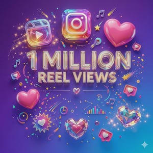 May include: A digital graphic on a purple gradient background featuring the text 1 MILLION REEL VIEWS in 3D metallic letters. Surrounding the text are colourful icons including the Instagram logo, a play button, hearts, music notes, and stars.