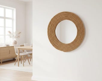 Lustro z jutowej liny, okrągła dekoracja ścienna w stylu śródziemnomorskim, naturalny tkany akcent