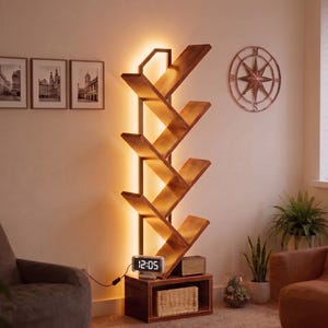 Moderne boekenplank uit het midden van de eeuw | Vintage houten 6-laags slank display met led-verlichting