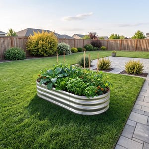 May include: A galvanized steel raised garden bed filled with various green plants and herbs sits on a lush green lawn. The garden bed is oval-shaped and surrounded by a well-maintained yard with a wooden fence and patio.
