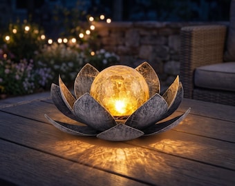Lampe de jardin solaire Lotus | Décoration de patio étanche globe en verre craquelé extérieur