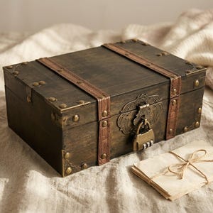 Puede incluir: Un cofre de madera oscura con detalles de latón, correas de cuero y una cerradura de combinación. El cofre es rectangular y tiene una estética vintage. Una pila de papel envejecido atado con hilo está al lado.