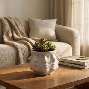 May include: A white ceramic planter with multiple faces, holding a succulent plant. The planter sits on a wooden coffee table, with a beige sofa and throw blanket in the background. A stack of books and a decorative tray are also on the table.