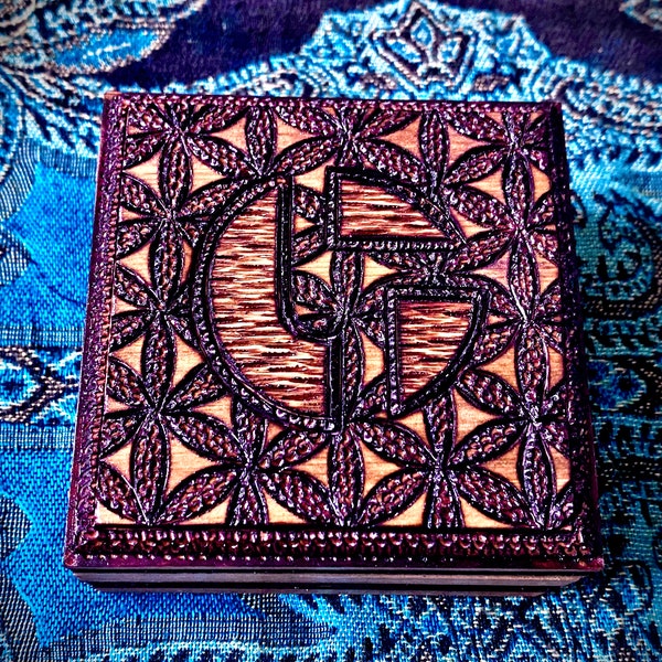 Disco Biscuits Logo with Flower of Life Wood Burned Wooden Box