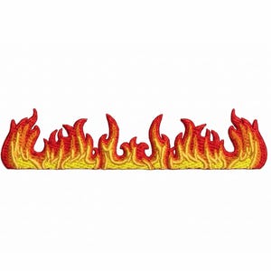 May include: Embroidered patch depicting a stylized flame design. The flames are rendered in shades of red, orange, and yellow, with a detailed, textured appearance. The patch is likely for decorative purposes, such as on clothing or accessories.
