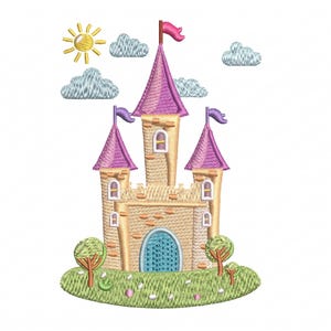 May include: Embroidered image of a whimsical castle with purple turrets and flags, set against a sky with a yellow sun and fluffy clouds. The castle has a blue arched doorway and sits on a green grassy hill with small trees.