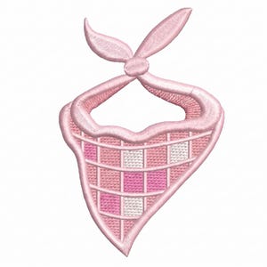 May include: Embroidered pink bandana with a knotted top and a checkered pattern in shades of pink and white. The design is a detailed, stitched illustration, perfect for crafting projects or apparel.