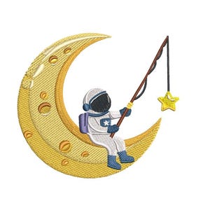 Astronaut Fishing Moon Machine Embroidery Design, Whimsical Space Pattern (Instant Download)