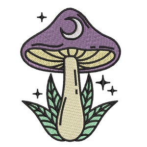 May include: Embroidered design of a purple mushroom with a crescent moon on the cap. The mushroom has a beige stem and is surrounded by green leaves and four black star shapes. The design is on a white background.