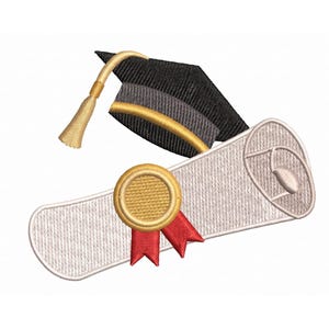 May include: An embroidered design of a graduation cap with a gold tassel and a rolled diploma. The diploma is sealed with a gold medallion and red ribbons. The design is set against a white backdrop.