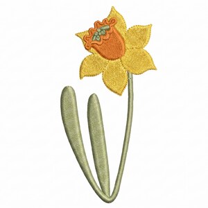 May include: Embroidered daffodil design. The yellow flower has an orange centre and green leaves. The floral design is detailed with textured stitching, ideal for spring-themed crafts and projects.