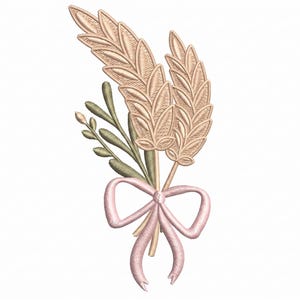 Può includere: Design ricamato di spighe di grano, foglie e un fiocco. Le spighe di grano sono di colore marrone chiaro e le foglie verdi. Un fiocco rosa è legato alla base degli steli, su sfondo bianco.