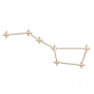 Può includere: Un design di costellazione beige chiaro, l'Orsa Maggiore, su sfondo bianco. Le stelle sono a quattro punte e collegate da linee rette, creando un motivo celeste semplice ed elegante.