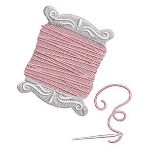 May include: An embroidered design of a spool of pink thread with a silver-colored decorative frame. A needle with pink thread is next to the spool. The design is on a white background. This image is suitable for sewing and craft projects.