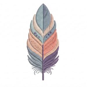 May include: Embroidered feather design in shades of blue, peach, and purple. The feather has a detailed, textured appearance with a symmetrical pattern. The design is set against a white background, highlighting the colorful embroidery.