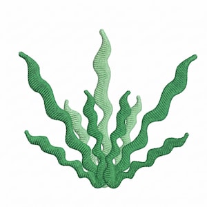 May include: An embroidered design featuring stylized green seaweed or aquatic plants. The design has a textured appearance, with varying shades of green and a white background. The seaweed-like shapes are curved and flowing.